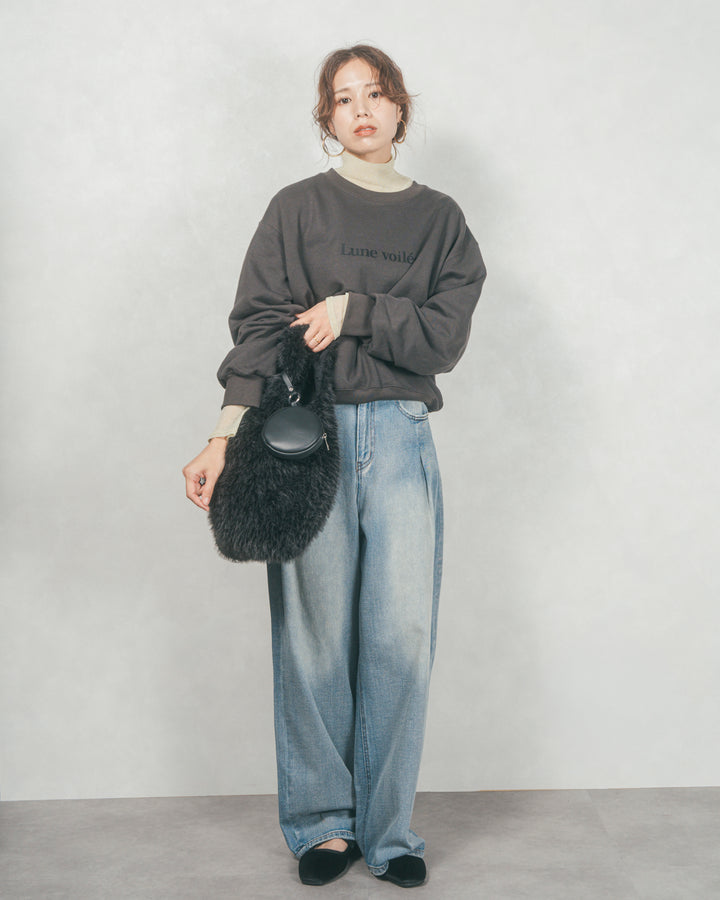 ［SET］フロントシリコンLogoスウェット+ワイドTuckイージーデニム