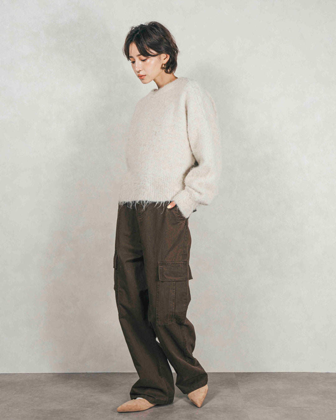 ［SET］ミックスヤーン2WAYカーディガン+ピグメントツイルカーゴパンツ（2SET）