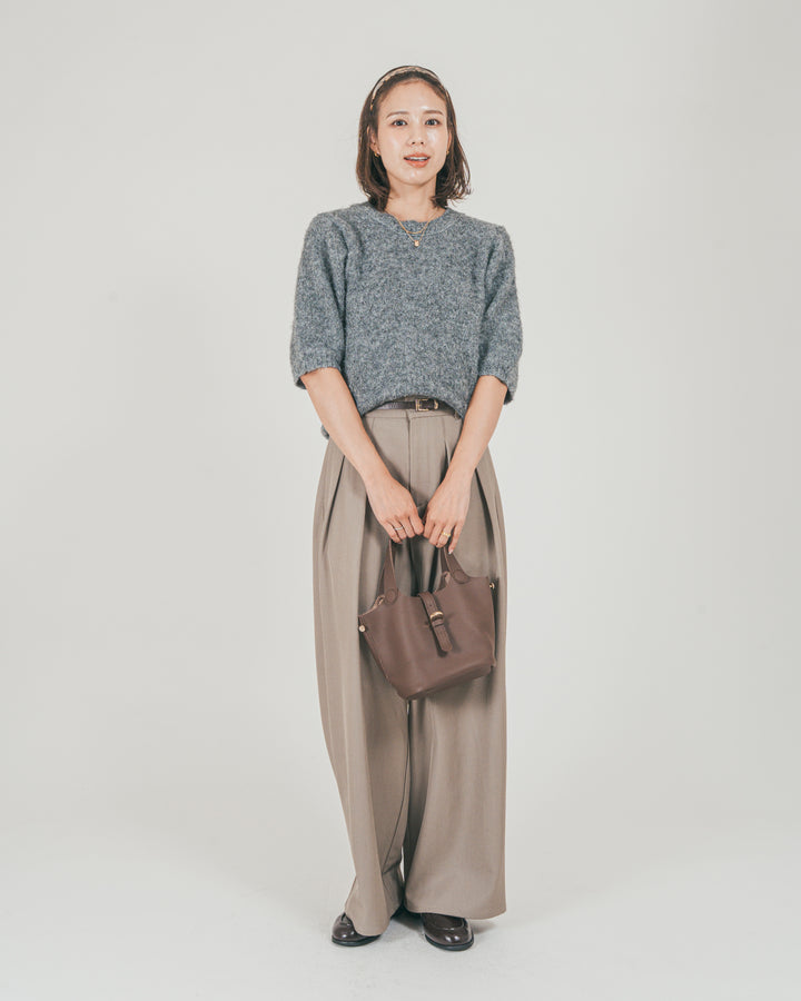 ［SET］フェザータッチハーフスリーブニット + ダブルタック ハイウエストワイドパンツ（2SET）