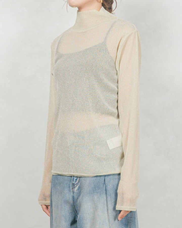 ［SET］フロントシリコンLogoスウェット+ラメSheerハイネックトップス+ワイドTuckイージーデニム