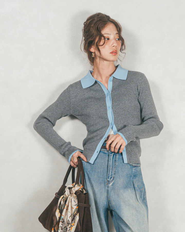 ［SET］バイカラー襟付きニットトップス+ワイドTuckイージーデニム