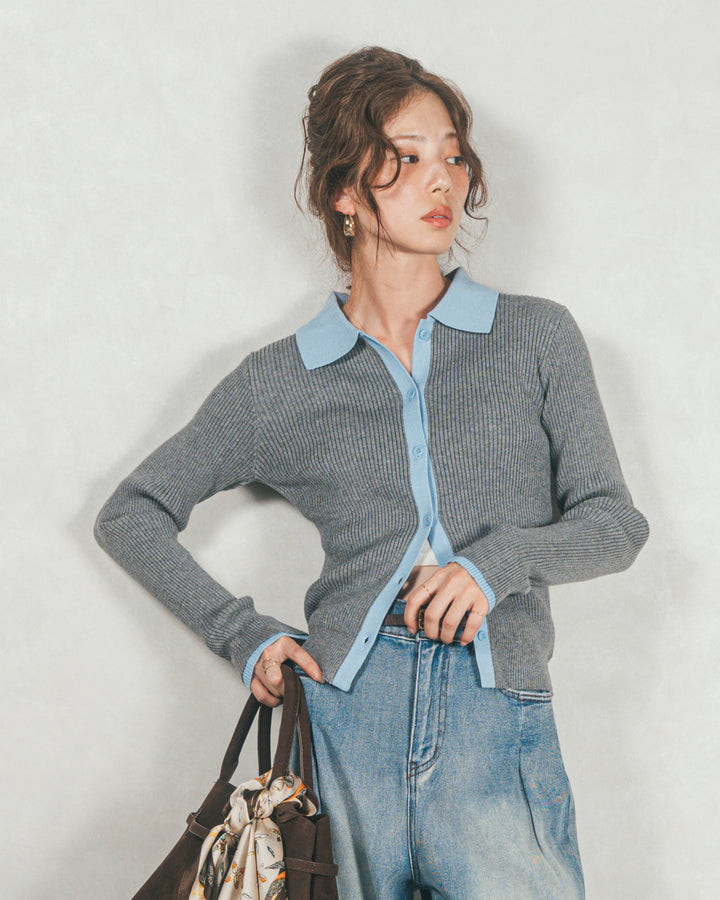 バイカラー襟付きニットトップス (GRAY x LIGHT BLUE)