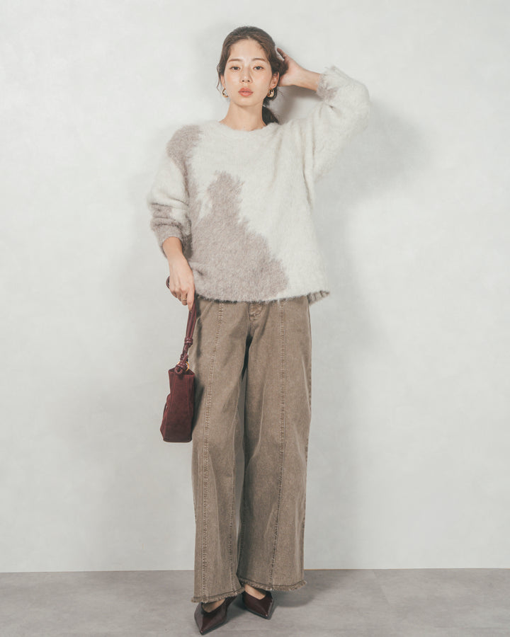 ［SET］ニュアンスグラデーションShaggyニット+センターシーム リラックスワイドデニム（2SET）