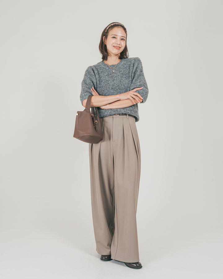 ［SET］フェザータッチハーフスリーブニット + ダブルタック ハイウエストワイドパンツ（2SET）