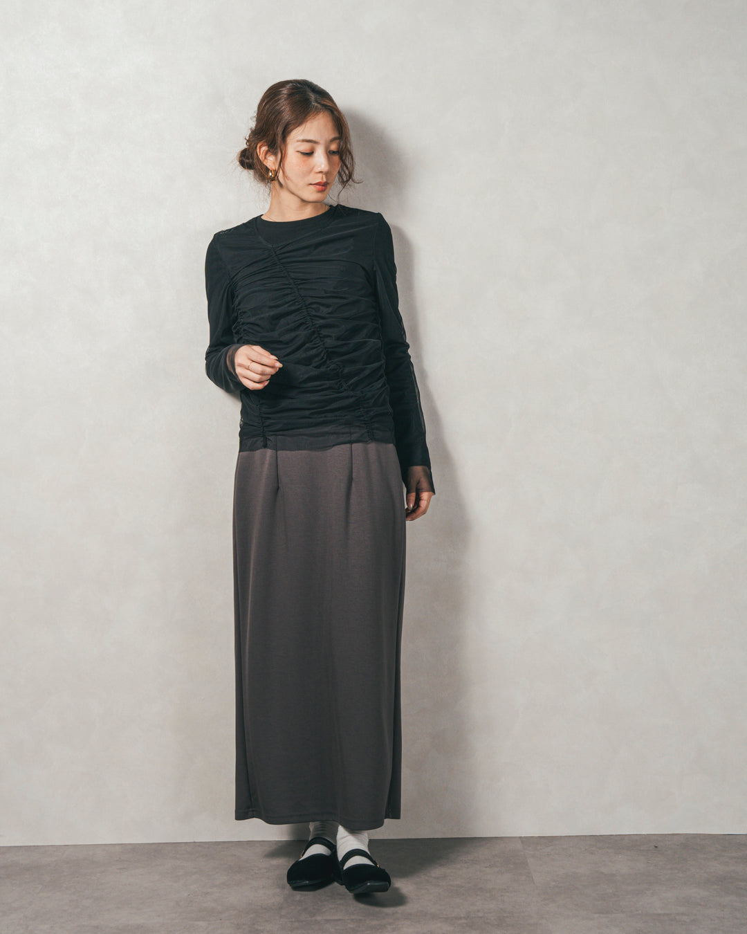 ［SET］【2枚SET】チュールshirringトップス&リブトップス+Multi-Way ライトポンチペプラムスカート（2SET）