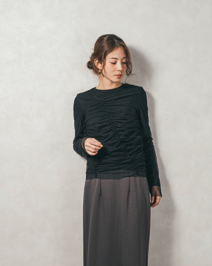 ［SET］【2枚SET】チュールshirringトップス&リブトップス+Multi-Way ライトポンチペプラムスカート（2SET）