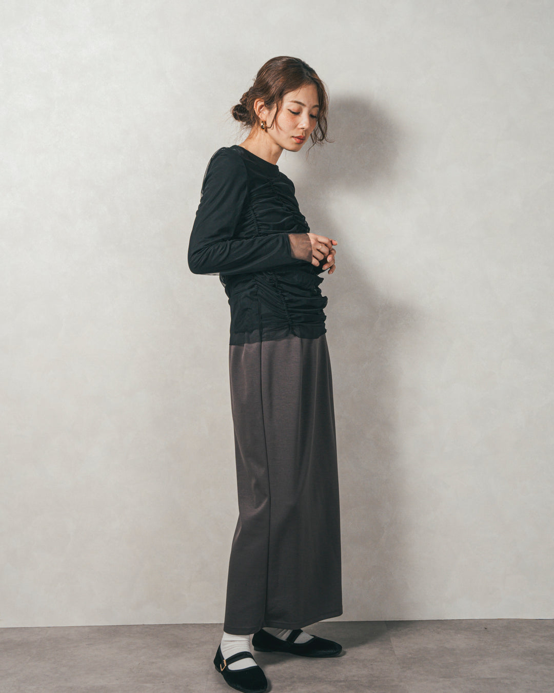 ［SET］【2枚SET】チュールshirringトップス&リブトップス+Multi-Way ライトポンチペプラムスカート（2SET）