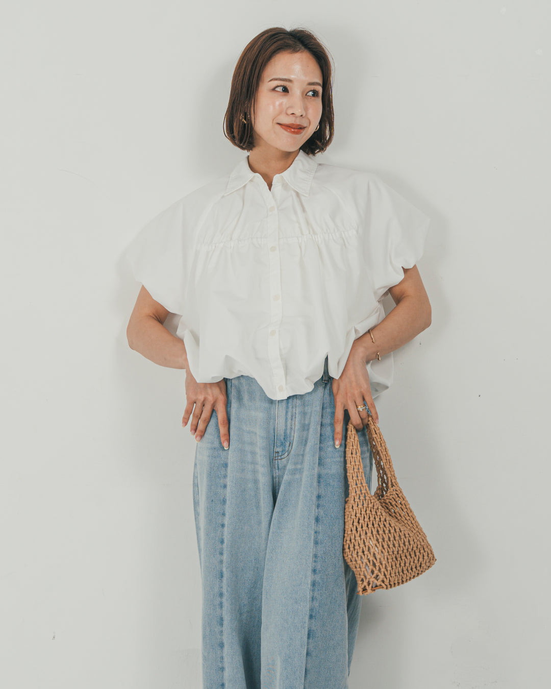 ［SET］バルーンShirringハーフスリーブシャツ + 10oz ニュアンスバイカラー リラックスワイドデニム（2SET）