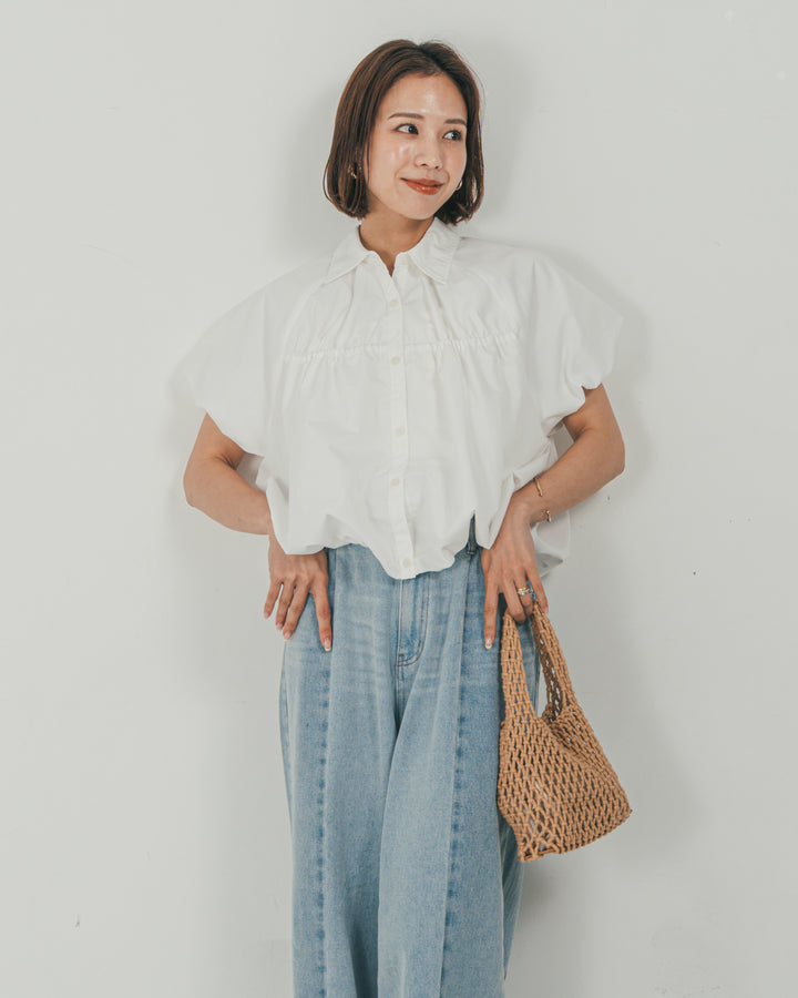 ［SET］バルーンShirringハーフスリーブシャツ + 10oz ニュアンスバイカラー リラックスワイドデニム（2SET）