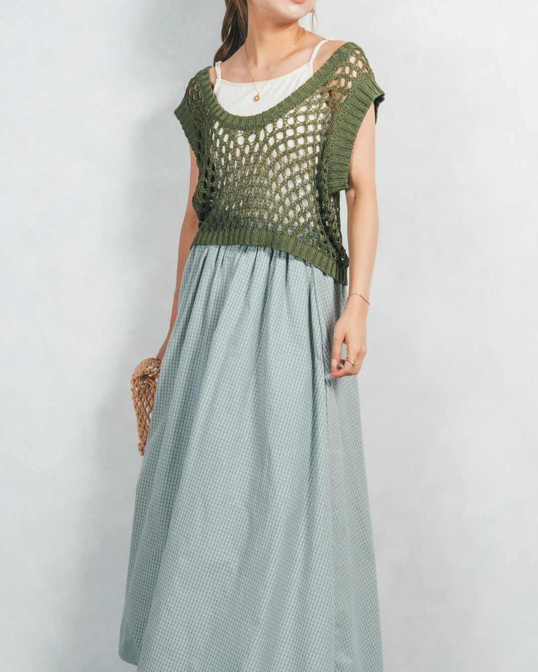 ［SET］2-Way Uネックメッシュニットベスト+［カップ付き］ヘルシーフィットリブキャミ（2SET）