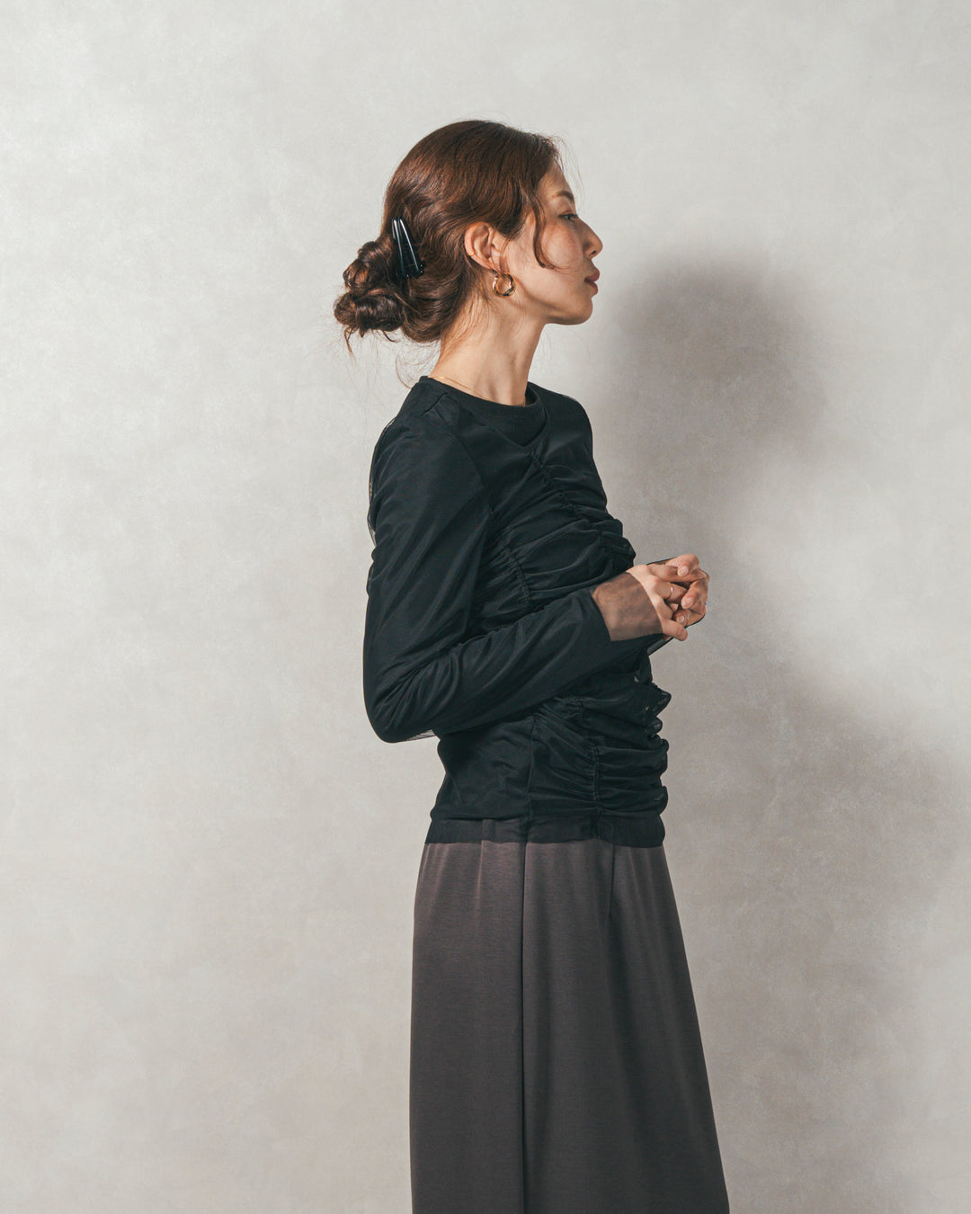 ［SET］【2枚SET】チュールshirringトップス&リブトップス+Multi-Way ライトポンチペプラムスカート（2SET）