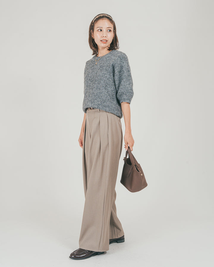 ［SET］フェザータッチハーフスリーブニット + ダブルタック ハイウエストワイドパンツ（2SET）