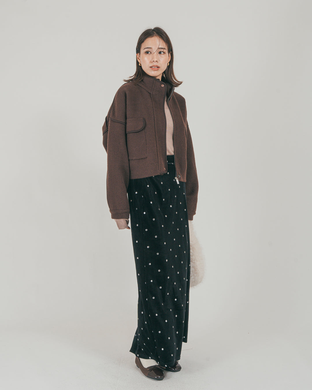 ［SET］Softショートニットブルゾン + Dot ベロアスカート（2SET）