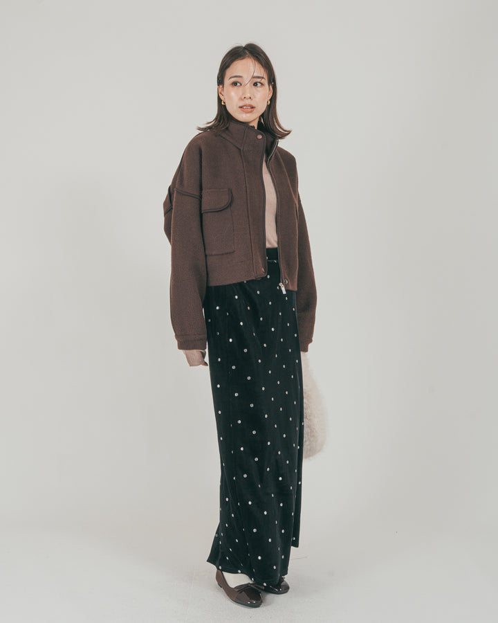 ［SET］Softショートニットブルゾン + Dot ベロアスカート（2SET）