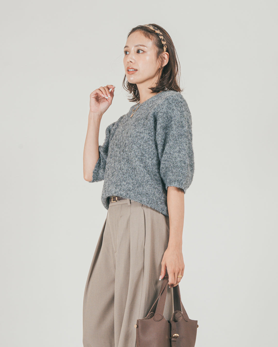 ［SET］フェザータッチハーフスリーブニット + ダブルタック ハイウエストワイドパンツ（2SET）