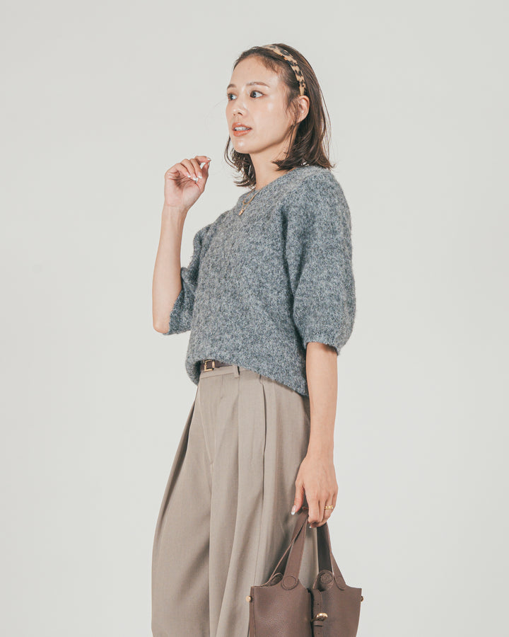 ［SET］フェザータッチハーフスリーブニット + ダブルタック ハイウエストワイドパンツ（2SET）