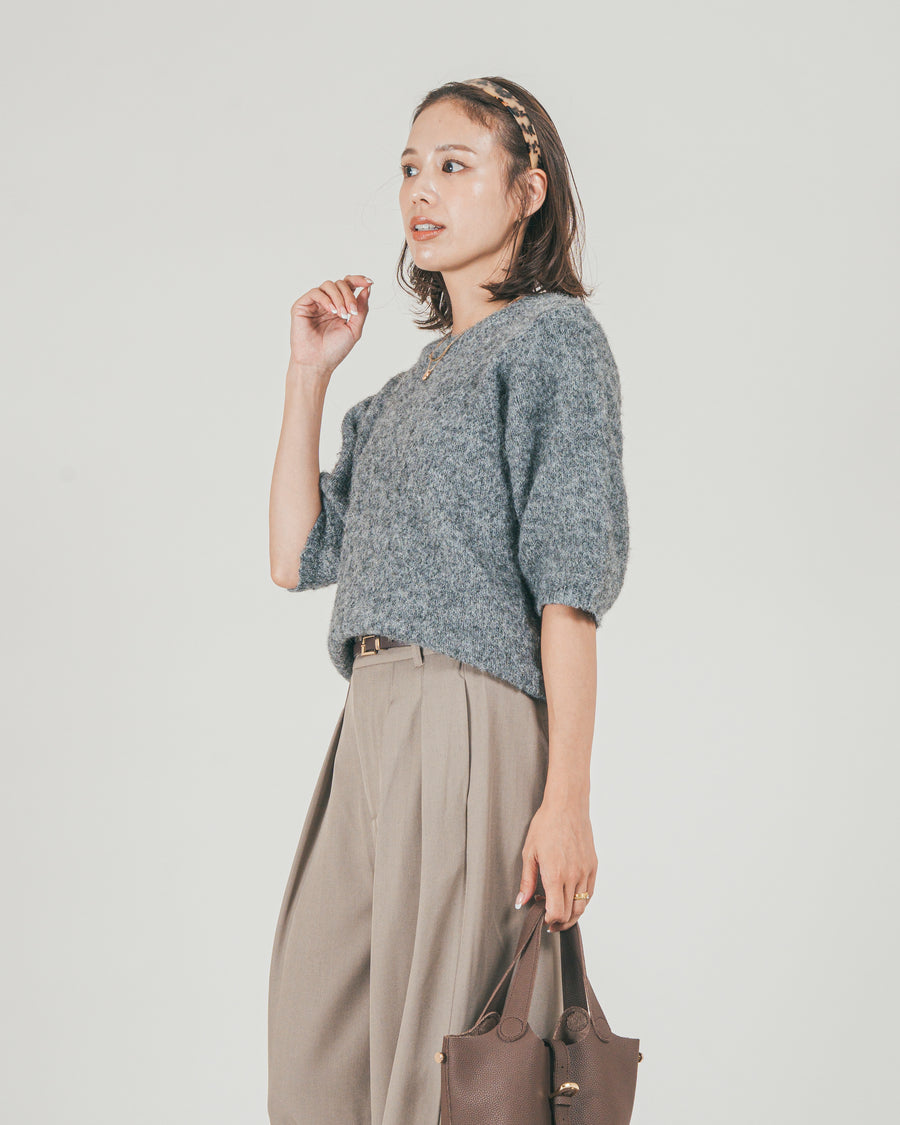 ［SET］フェザータッチハーフスリーブニット + ダブルタック ハイウエストワイドパンツ（2SET）
