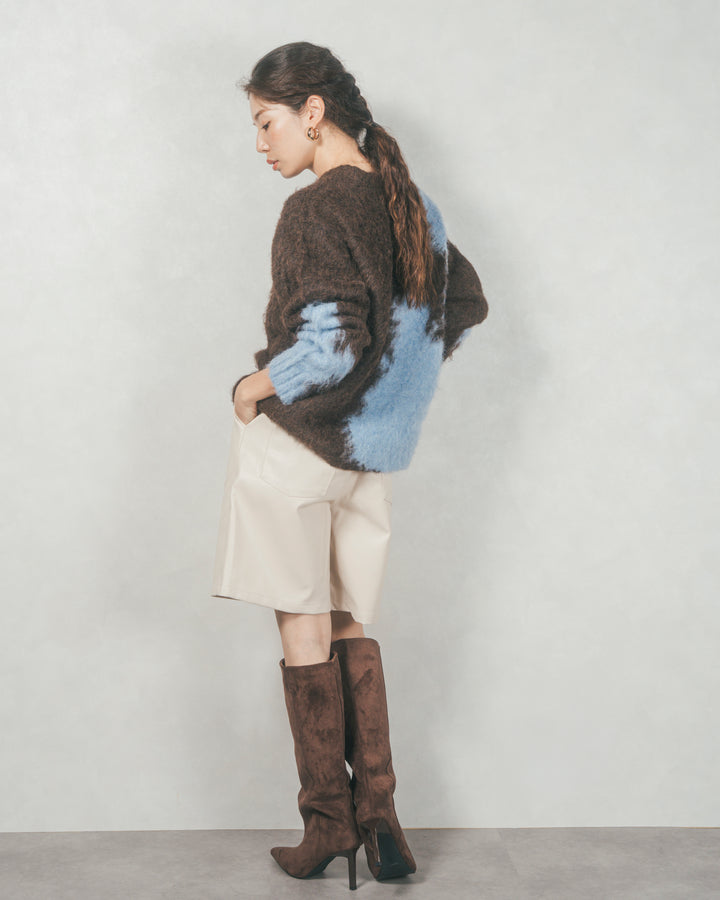 ［SET］ニュアンスグラデーションShaggyニット+レザーライクハーフパンツ（2SET）