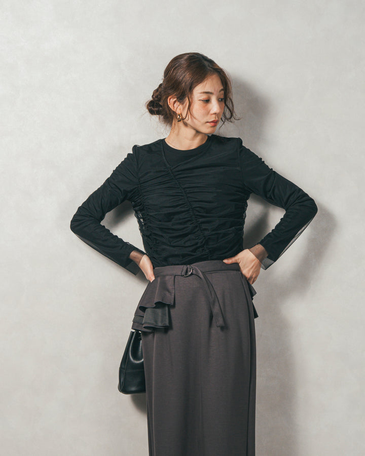 ［SET］【2枚SET】チュールshirringトップス&リブトップス+Multi-Way ライトポンチペプラムスカート（2SET）