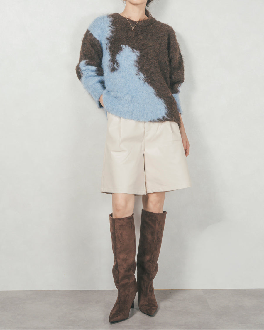 ［SET］ニュアンスグラデーションShaggyニット+レザーライクハーフパンツ（2SET）
