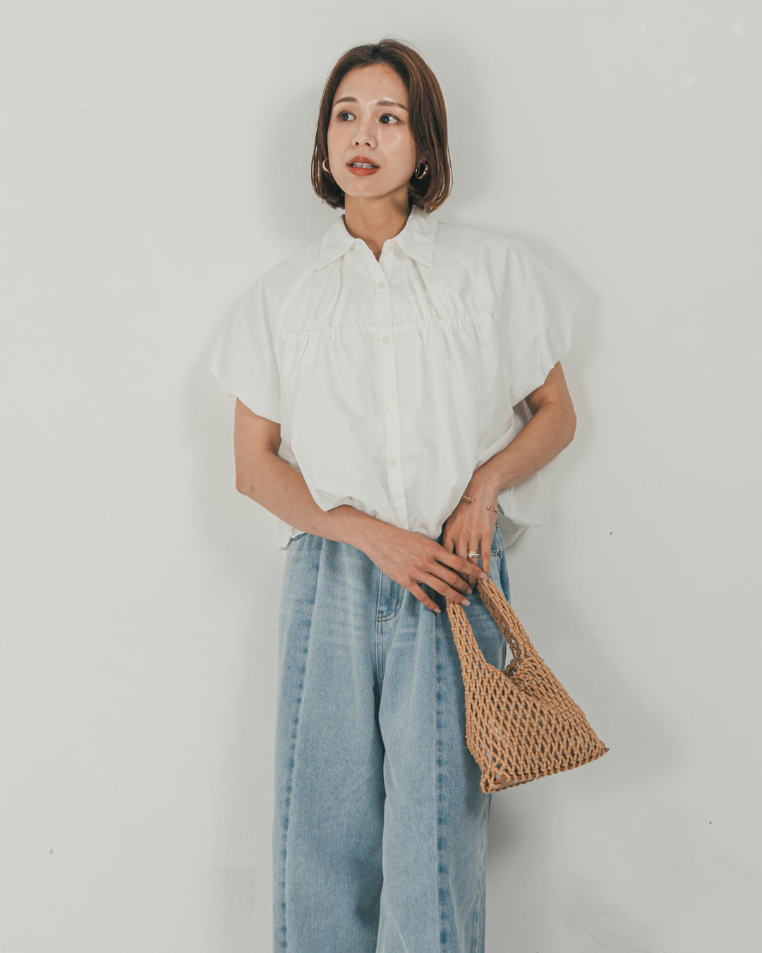 ［SET］バルーンShirringハーフスリーブシャツ + 10oz ニュアンスバイカラー リラックスワイドデニム（2SET）