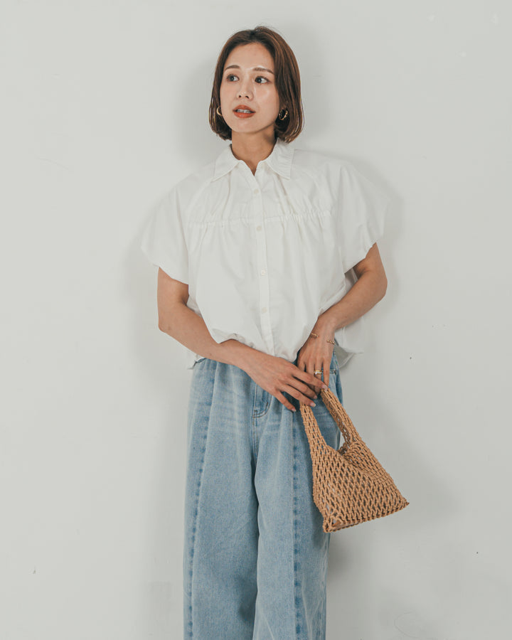 ［SET］バルーンShirringハーフスリーブシャツ + 10oz ニュアンスバイカラー リラックスワイドデニム（2SET）
