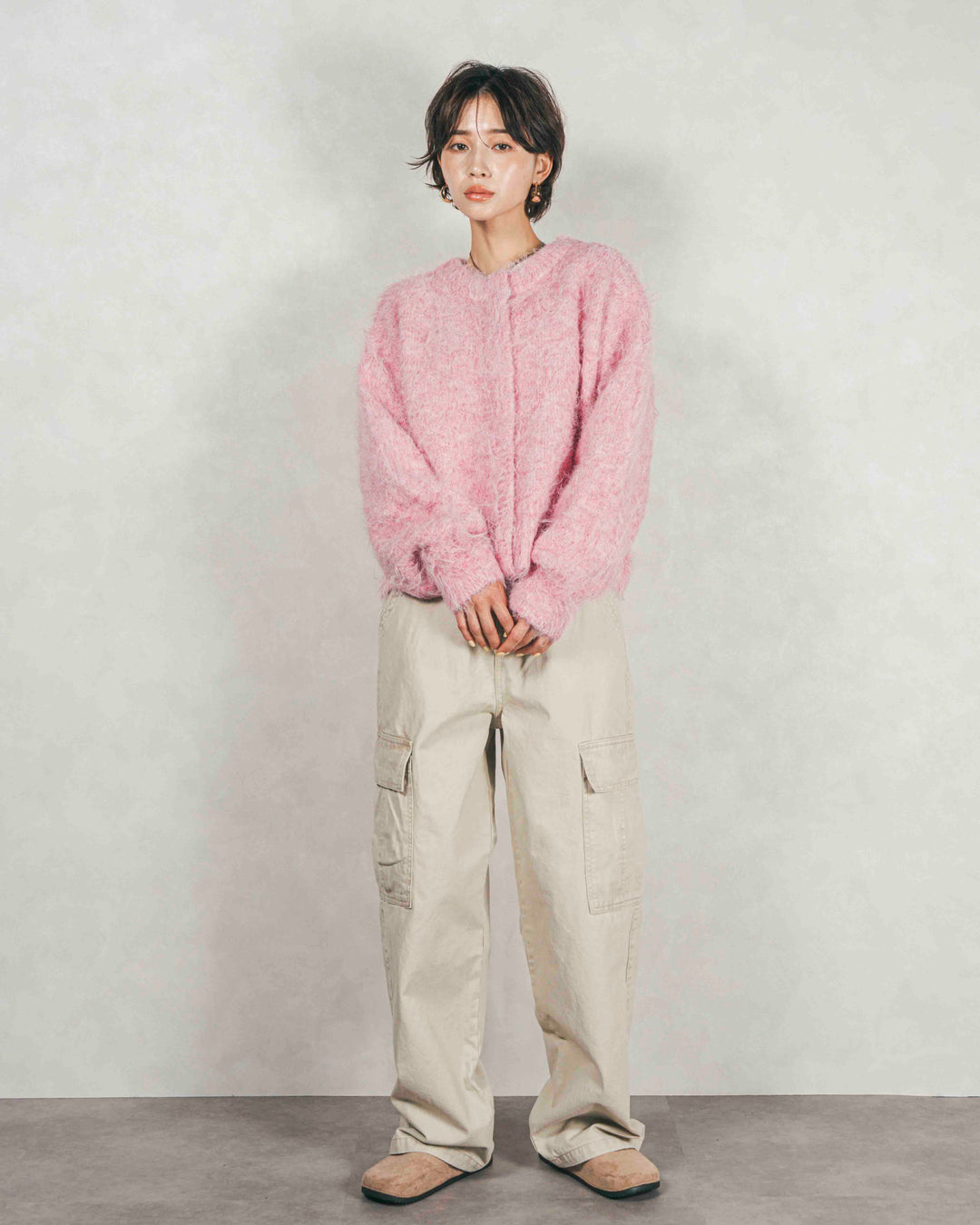 ［SET］ミックスヤーン2WAYカーディガン+ピグメントツイルカーゴパンツ（2SET）