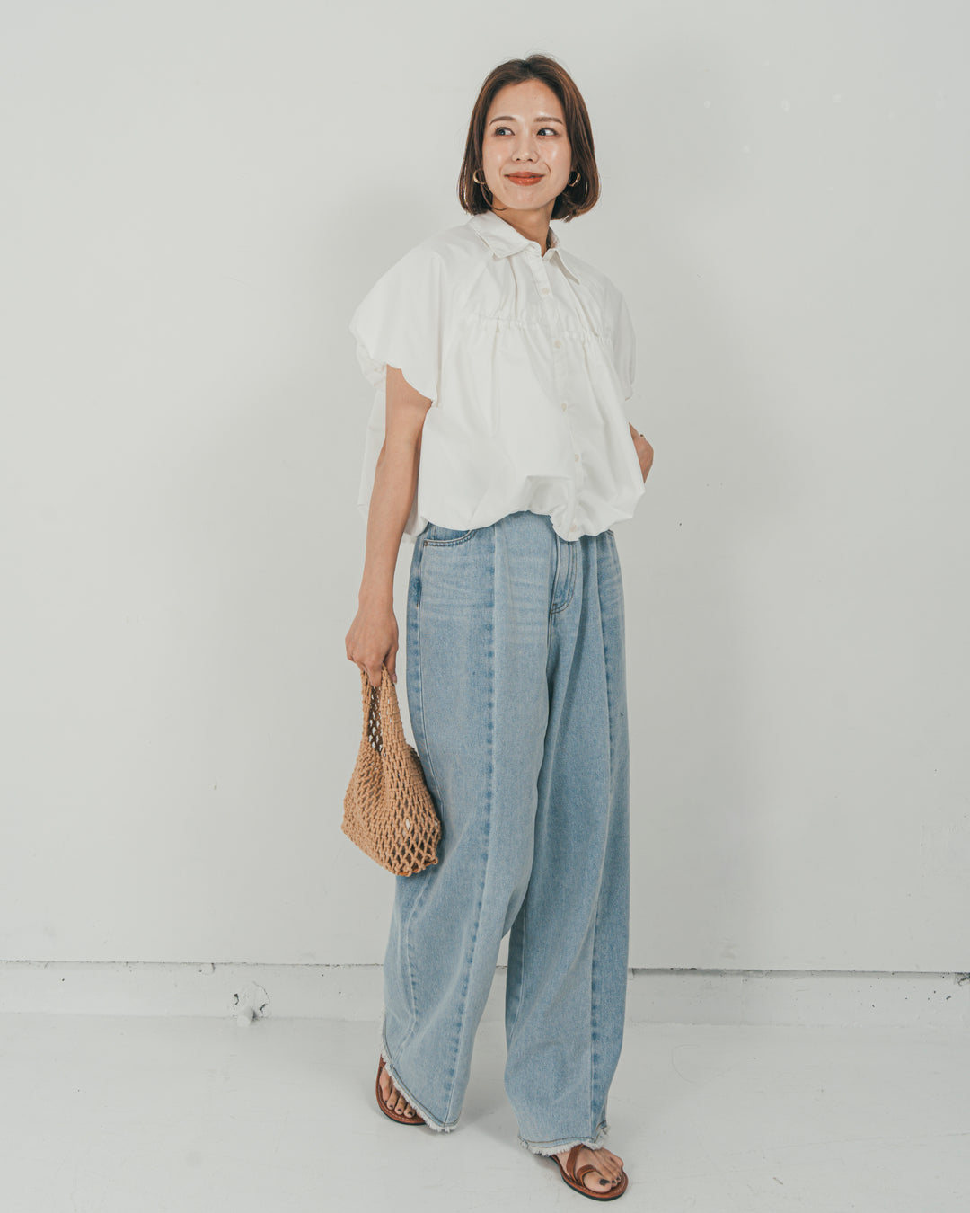 ［SET］バルーンShirringハーフスリーブシャツ + 10oz ニュアンスバイカラー リラックスワイドデニム（2SET）