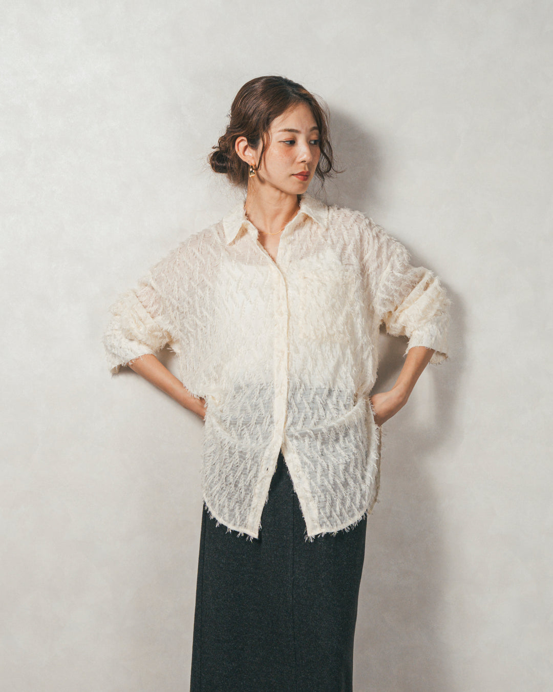 ［SET］フェザータッチシアーオーバーシャツ+モヘアタッチKnitビスチェ+Smoothニットソー Narrowスカート（3SET）