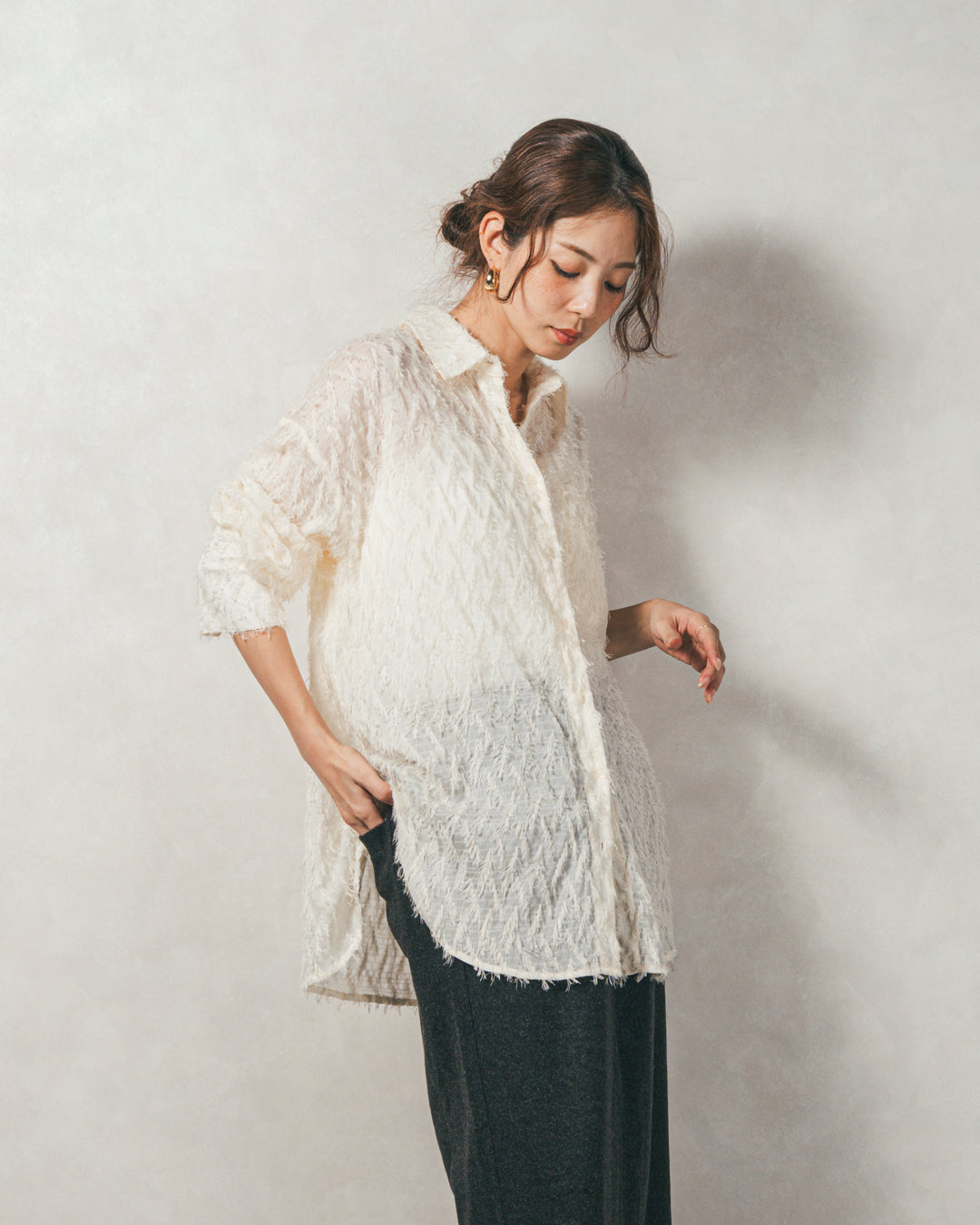 ［SET］フェザータッチシアーオーバーシャツ+モヘアタッチKnitビスチェ+Smoothニットソー Narrowスカート（3SET）