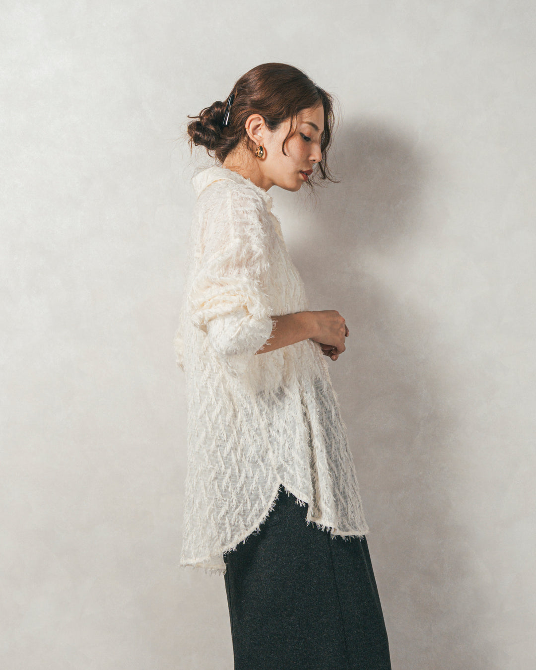 ［SET］フェザータッチシアーオーバーシャツ+モヘアタッチKnitビスチェ+Smoothニットソー Narrowスカート（3SET）