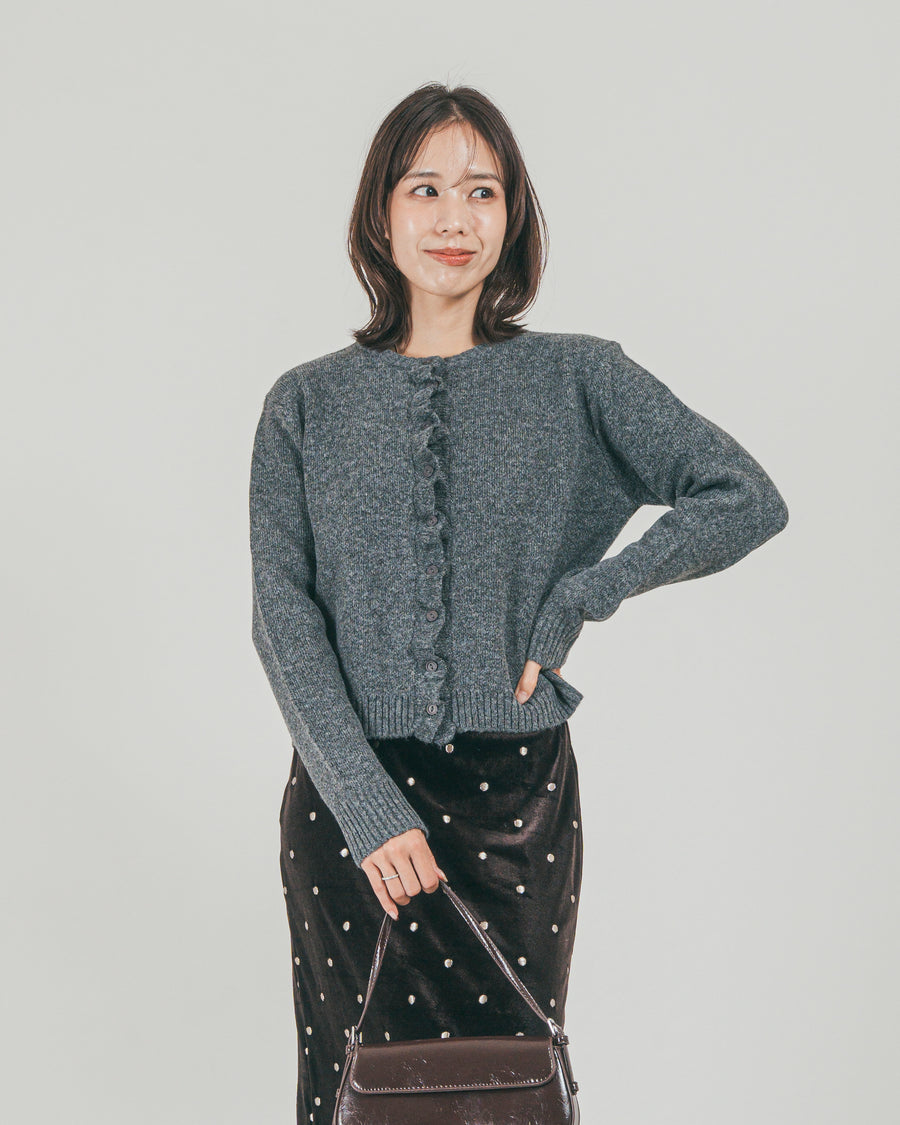 ［SET］フロントフリルメランジニットカーデ + Dot ベロアスカート（2SET）