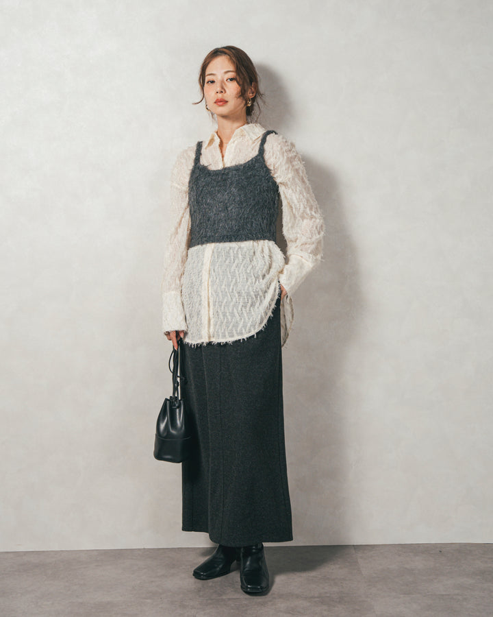 ［SET］フェザータッチシアーオーバーシャツ+モヘアタッチKnitビスチェ+Smoothニットソー Narrowスカート（3SET）