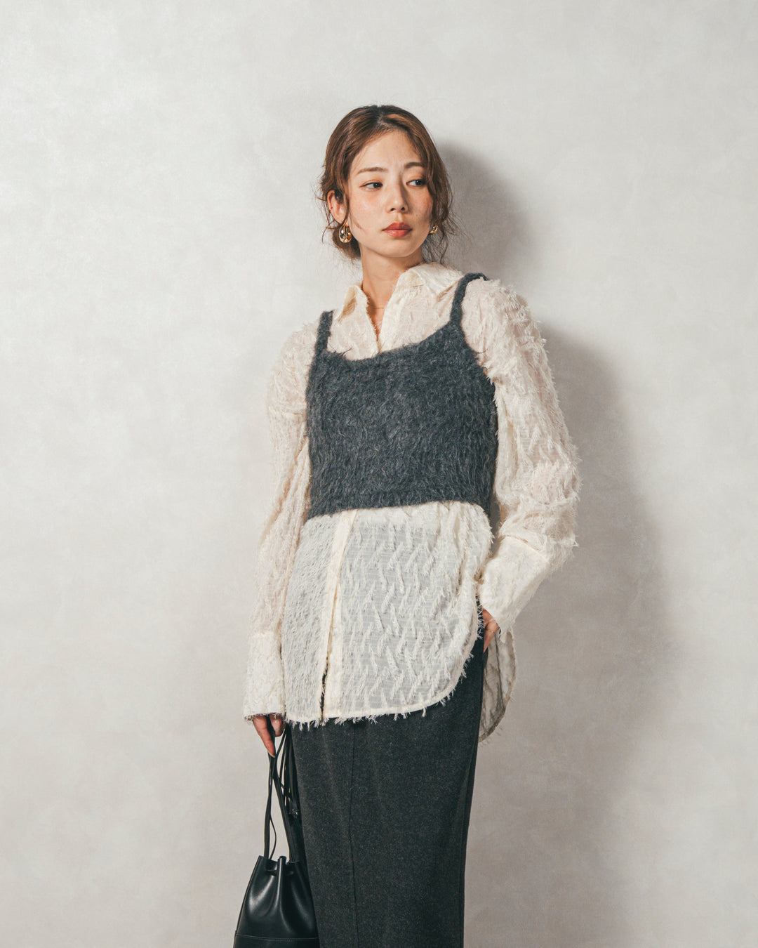 ［SET］フェザータッチシアーオーバーシャツ+モヘアタッチKnitビスチェ+Smoothニットソー Narrowスカート（3SET）