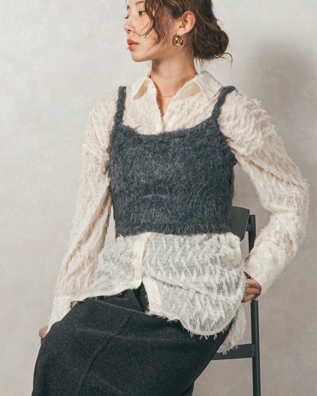 ［SET］フェザータッチシアーオーバーシャツ+モヘアタッチKnitビスチェ+Smoothニットソー Narrowスカート（3SET）