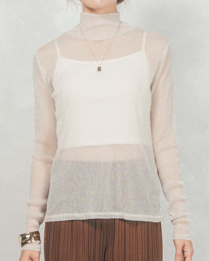 ［SET］フロントシリコンLogoスウェット+ラメSheerハイネックトップス+ワイドTuckイージーデニム