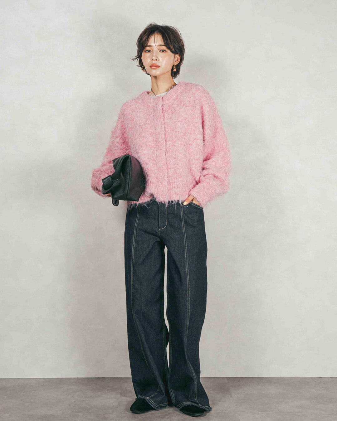 ［SET］ミックスヤーン2WAYカーディガン+センターシーム リラックスカラーデニム