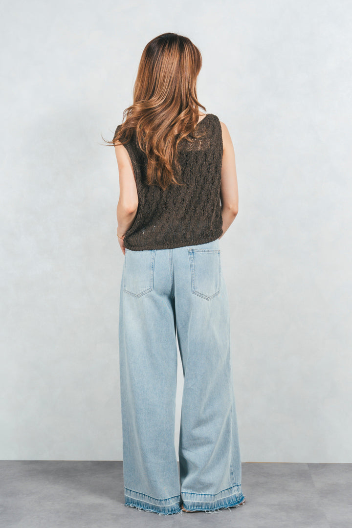 透かし編みクロップドニットベスト (BROWN)