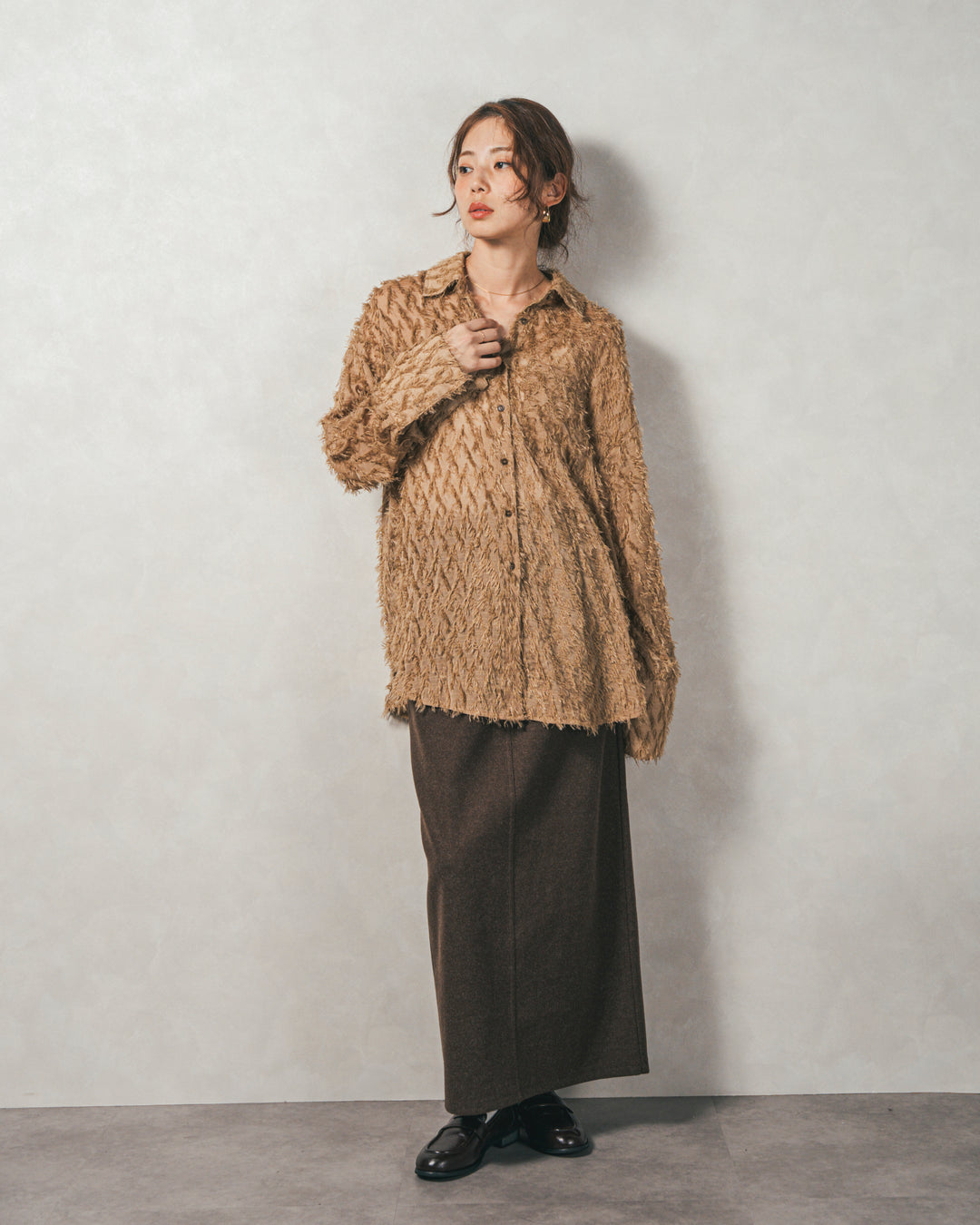 ［SET］フェザータッチシアーオーバーシャツ+モヘアタッチKnitビスチェ+Smoothニットソー Narrowスカート（3SET）