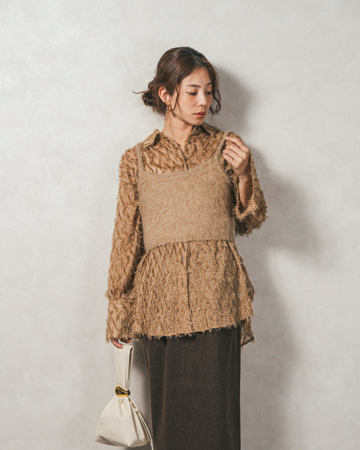 ［SET］フェザータッチシアーオーバーシャツ+モヘアタッチKnitビスチェ+Smoothニットソー Narrowスカート（3SET）