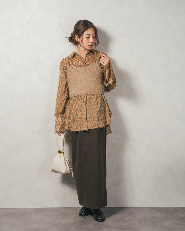 ［SET］フェザータッチシアーオーバーシャツ+モヘアタッチKnitビスチェ+Smoothニットソー Narrowスカート（3SET）