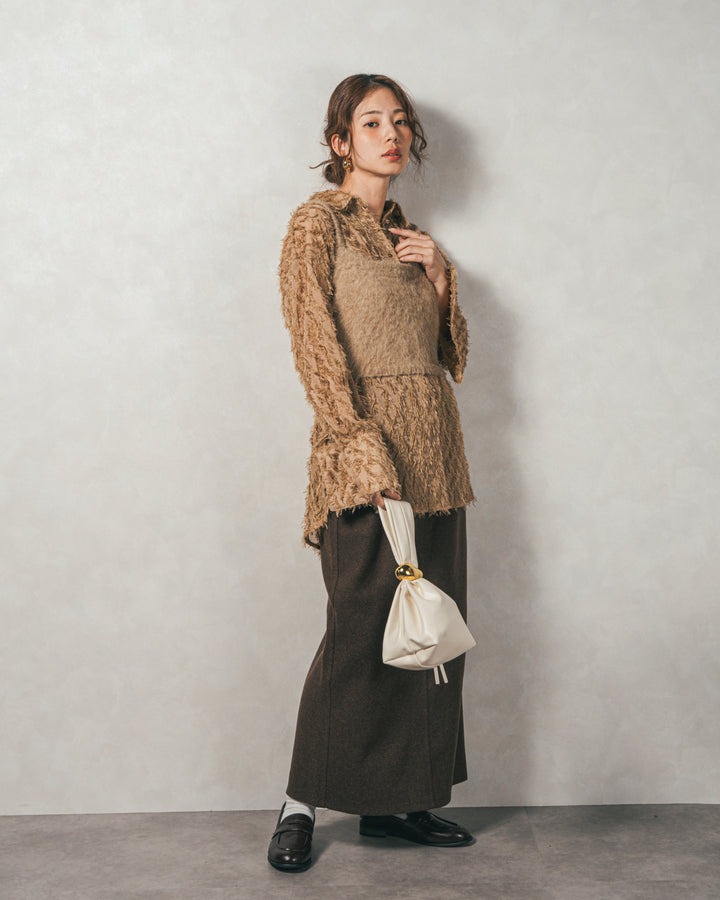 ［SET］フェザータッチシアーオーバーシャツ+モヘアタッチKnitビスチェ+Smoothニットソー Narrowスカート（3SET）