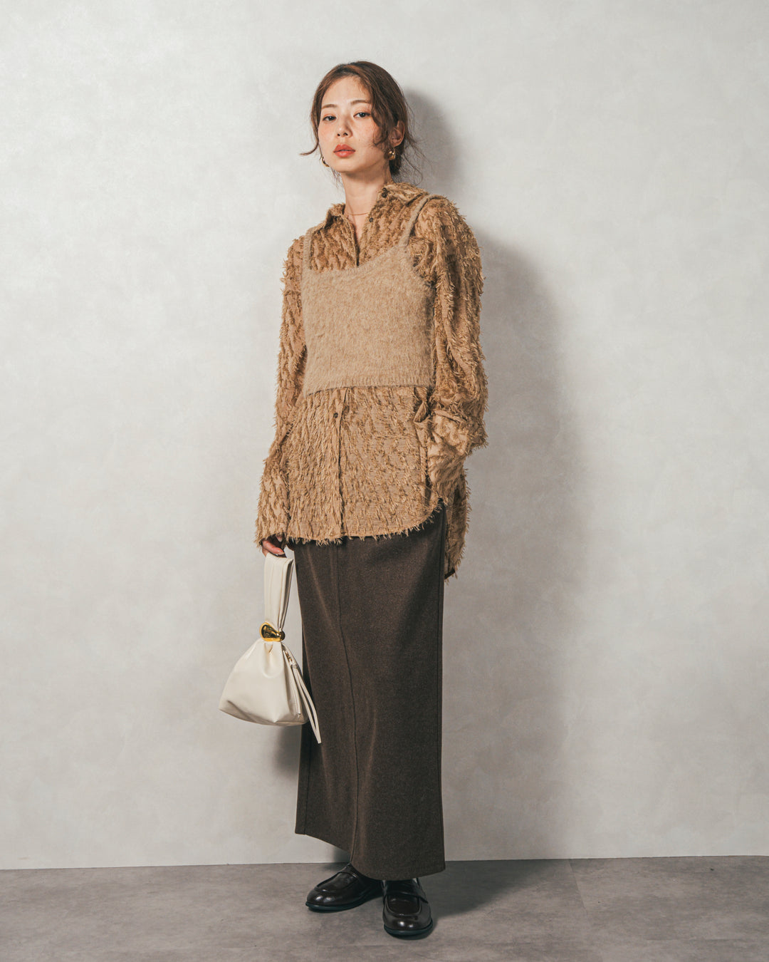 ［SET］フェザータッチシアーオーバーシャツ+モヘアタッチKnitビスチェ+Smoothニットソー Narrowスカート（3SET）