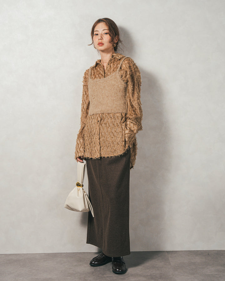 ［SET］フェザータッチシアーオーバーシャツ+モヘアタッチKnitビスチェ+Smoothニットソー Narrowスカート（3SET）