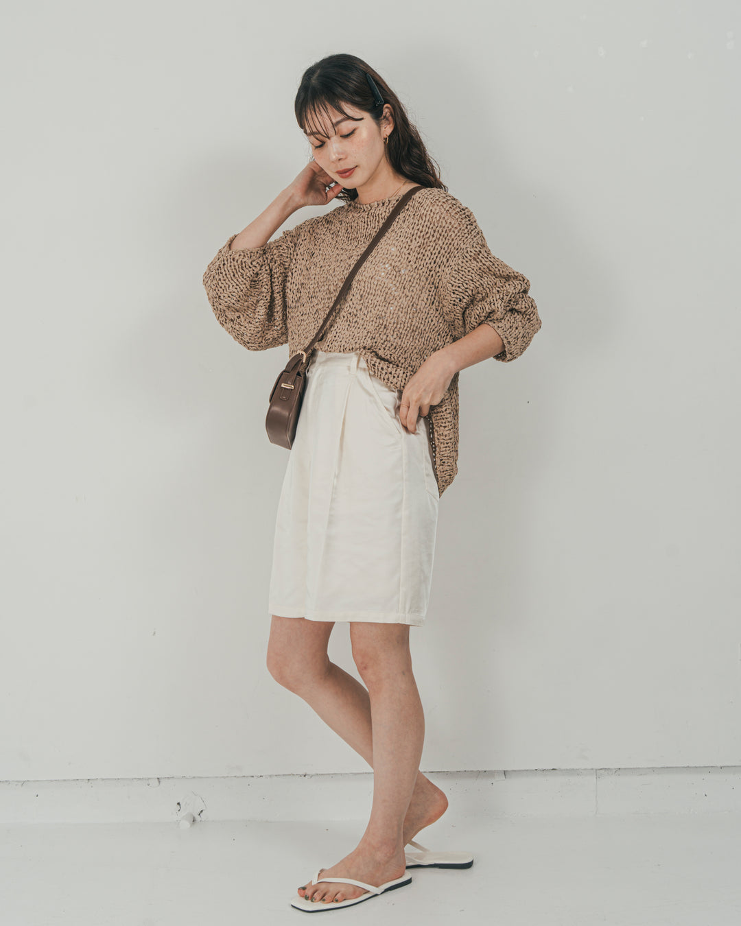 ［SET］エアリールーズオーバーニット + Vintageサテン　ハーフパンツ（2SET）