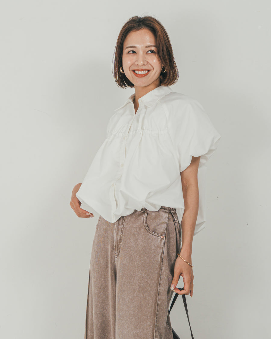 ［SET］バルーンShirringハーフスリーブシャツ + 10oz サイドタック リラックスデニムパンツ（2SET）