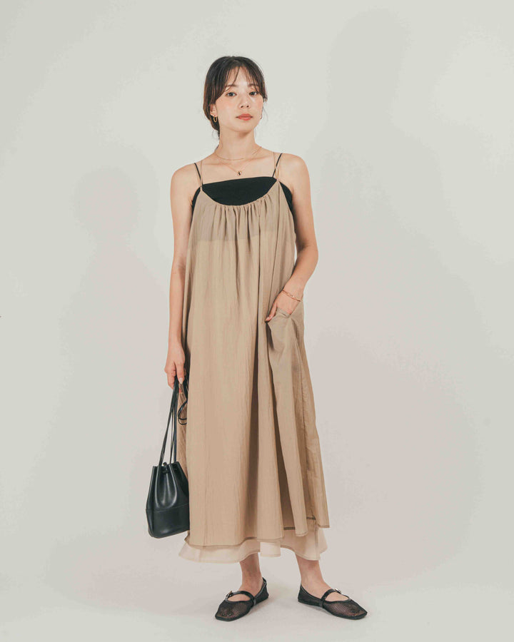 ［SET］Glow Sheer ナイロンキャミワンピース + カップ付きカットリブキャミ（2SET）
