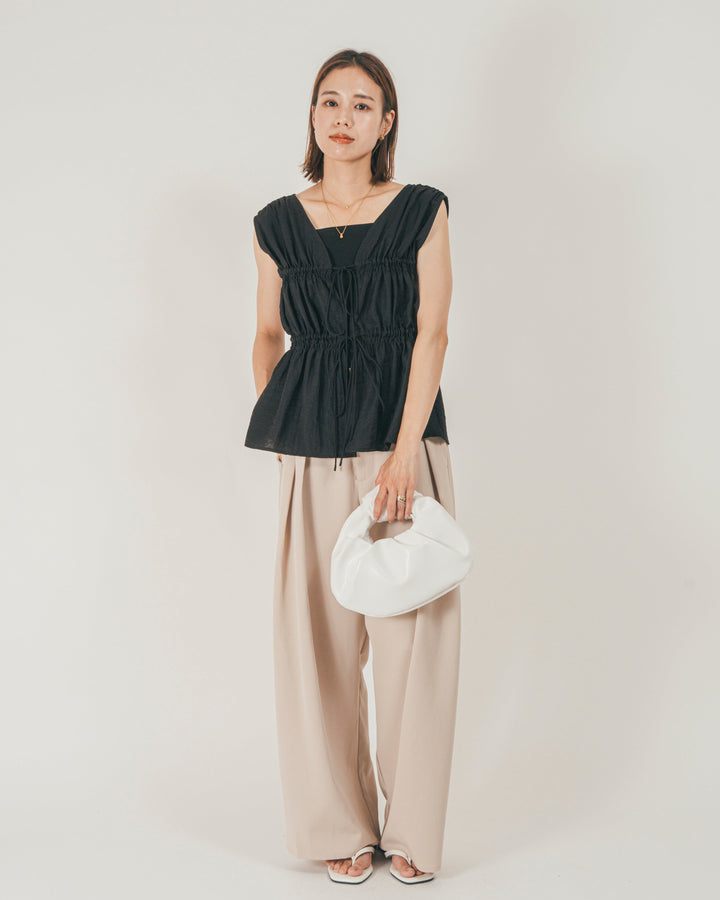 ［SET］リネンタッチShirringリボンブラウス + クレープデシン タックワイドパンツ（2SET）