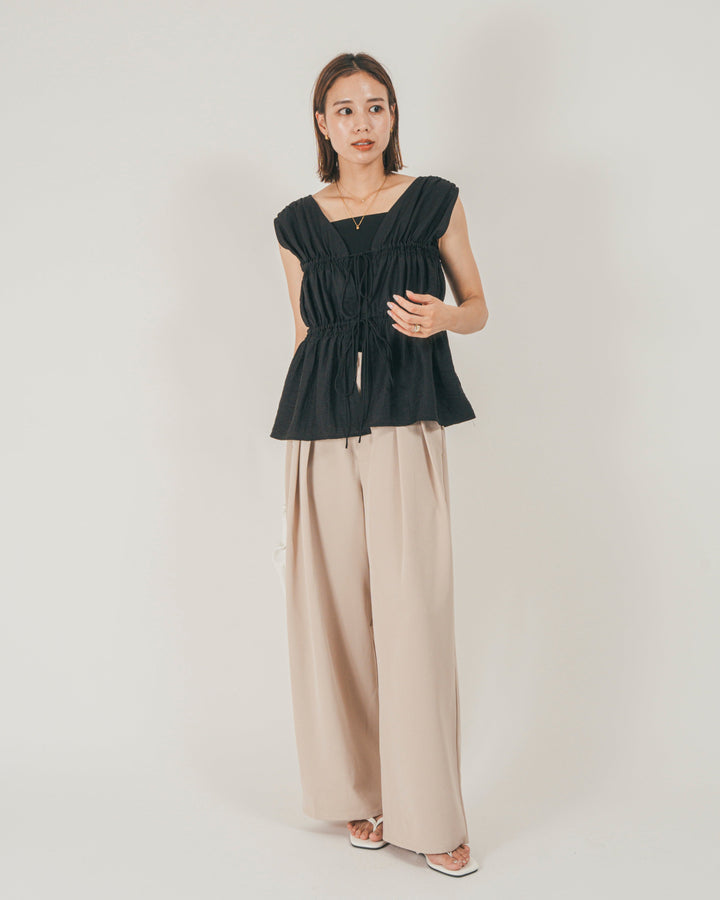 ［SET］リネンタッチShirringリボンブラウス + クレープデシン タックワイドパンツ（2SET）