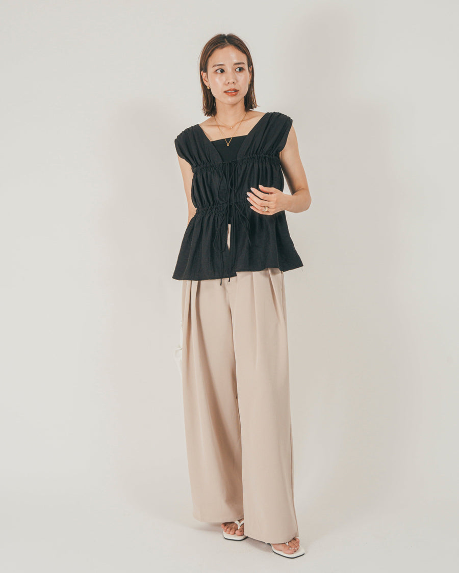 ［SET］リネンタッチShirringリボンブラウス + クレープデシン タックワイドパンツ（2SET）
